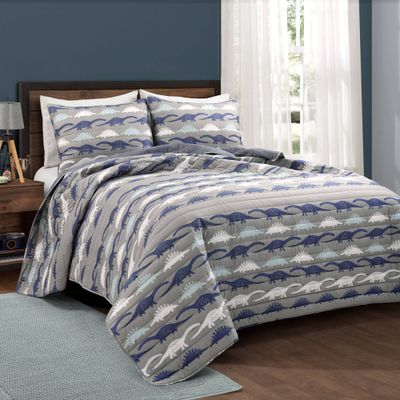 Kids Stone Age Dinosaur Reversible Quilt Set Navy/Gray