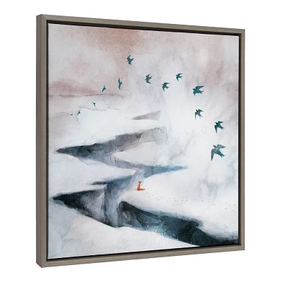 Kate & Laurel All Things Decor 22x22 Sylvie Snow Day Fox and Birds Framed Canvas by Faryn Hughes Gray