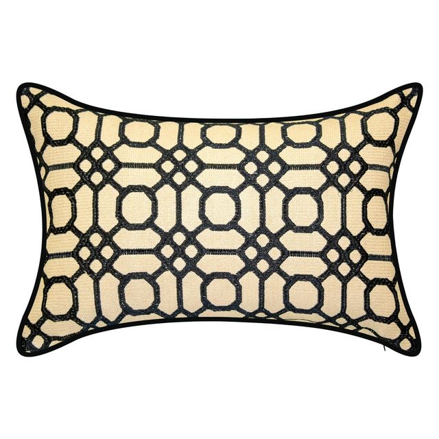 Embroidered Geometric Raffia Rectangular Indoor/Outdoor Throw Pillow  - Edie@Home: Polyester Oxford Fabric, Zippered