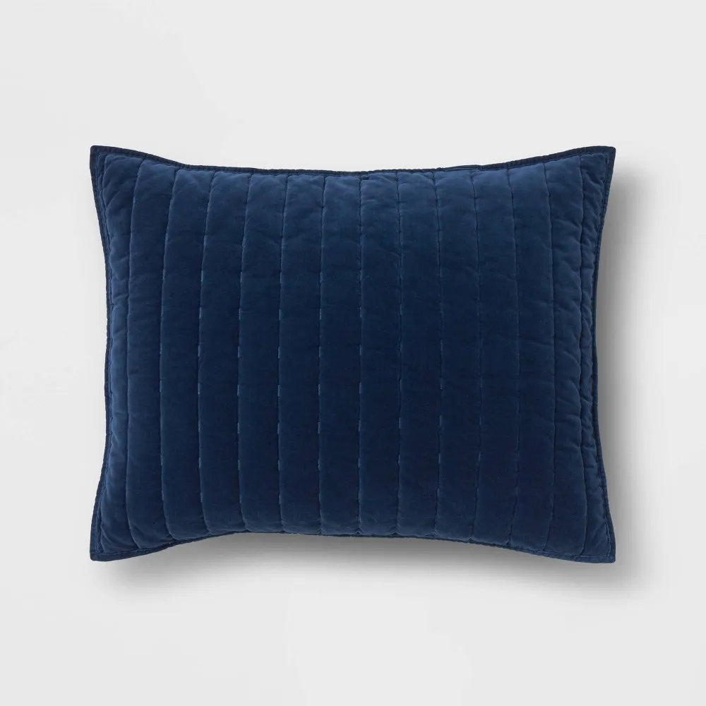 Standard Channel Stitch Velvet Quilt Sham Navy - Threshold: OEKO-TEX Certified, Cotton Backing, Machine Washable