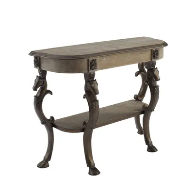 Powell 42 Wyatt Traditional Demi Lune Console Table Iron Horse Detail : Hardwood, Brass Hardware, Storage Shelf