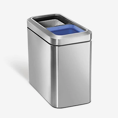 simplehuman 20L Slim Open Top Dual Compartment Commercial Trash Can Stainless Steel: 5 Gallon Kitchen Bin, Silver