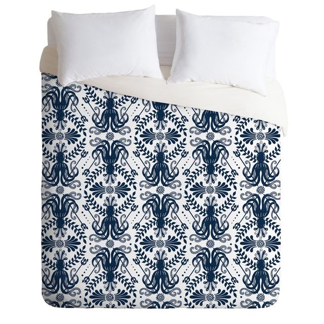 Heather Dutton Geometric Mythos Oceanic Duvet Set Blue - Deny Designs: Microfiber, 300 Thread Count, Reversible