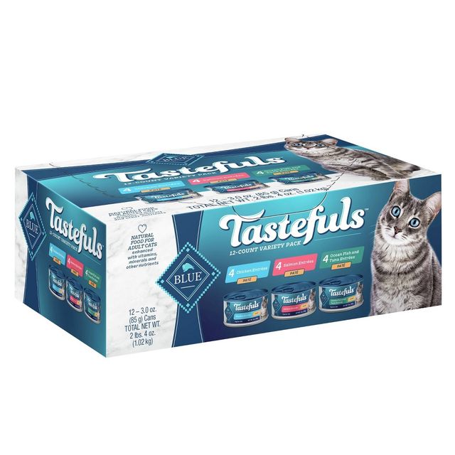 Blue Buffalo Tastefuls Natural Pate Wet Cat Food Variety Pack with Salmon, Chicken, Ocean Fish & Tuna Entres - 3oz/12ct