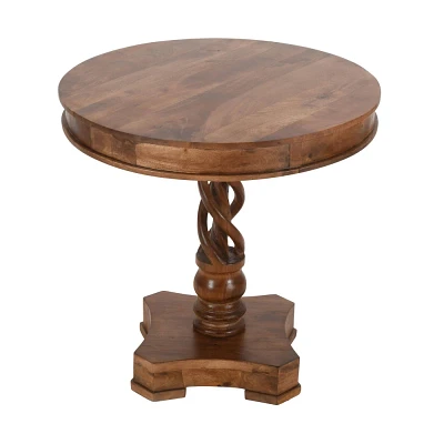 The Urban Port 30 Handcrafted Round Mango Wood Dinette Artisanal Twisted Pedestal Base Dining Table Walnut Brown