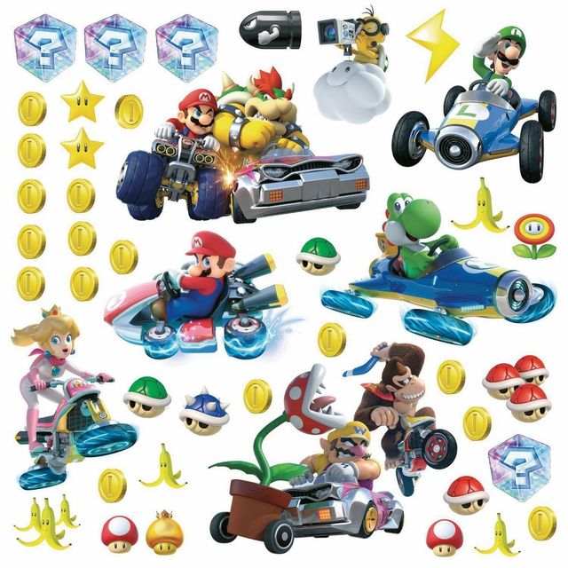 Ninetendo Mario Kart 8 Peel and Stick Kids Wall Decal: RoomMates Vinyl, Self-Adhesive, 44 Pieces, Boys Room Decor