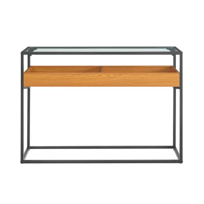 Danya B. Saarinen Glass Top Console Table Golden Oak: Laminated, Metal Frame, Tempered Glass, Storage Shelf