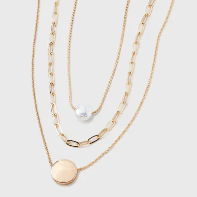 Gold 3 Row With Pearl & Coin Necklace - A New Day Gold