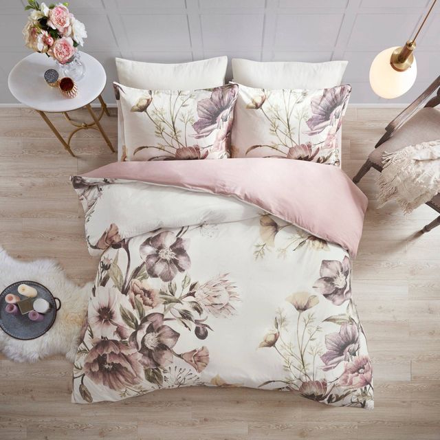 3pc Full/Queen Maddy Cotton Printed Duvet Cover Set Blush - Madison Park: Percale Bedding, Lightweight Fabric