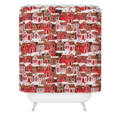 Cynthia Gingerbread Village Shower Curtain Red - Deny Designs: Polyester, Machine Washable, Non-Woven Fabric