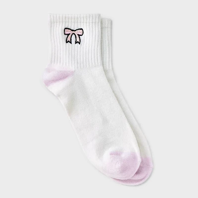 Women Embroidered Bow Ribbed Ankle Sock - Ivory/ 4-10