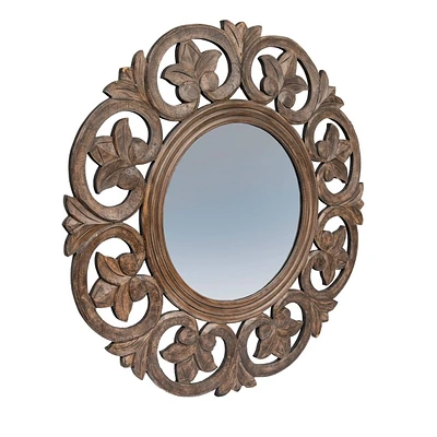 Storied Home Round Carved Wood Botanical Framed Wall Mirror Walnut