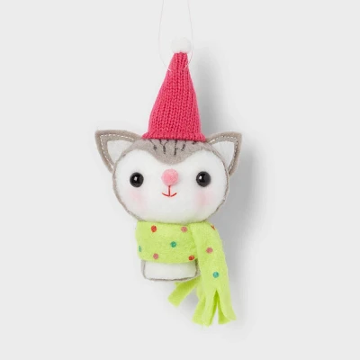 Fabric Cat Head with Pink Hat and Green Scarf Christmas Ornament - Wondershop: Indoor Decor