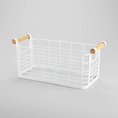 13.75x6x6 Small Rectangular Wire Natural Wood Basket with Handles White - Brightroom: Metal Storage & Organization