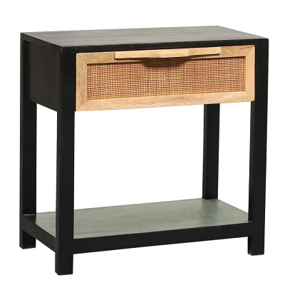 Benzara 22 Side Table with Rattan Front Drawer and Open Shelf Mango Wood Frame Black/Brown