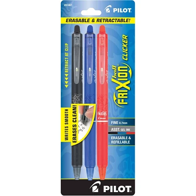 Pilot 3ct FriXion Clicker Erasable Gel Pens Fine Point 0.7mm Assorted Inks: Retractable, Blue/Black/Red, Office Stationery