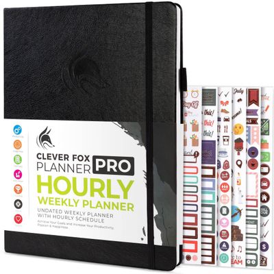 Undated PRO Schedule Planner Weekly/Monthly Black - Clever Fox: Agenda, Daily & Hourly, Ribbon Marker, 8.5x11