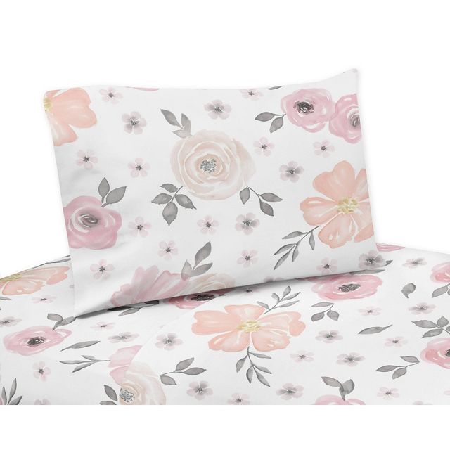 3pc Watercolor Floral Twin Kids Sheet Set Pink and Gray - Sweet Jojo Designs: Bed Sheet Set, Microfiber, Includes Pillowcase