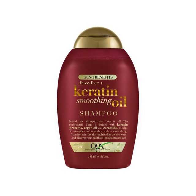 OGX Frizz-Free + Keratin Smoothing Oil Shampoo, 5 in 1, for Frizzy Hair, Shiny Hair - 13 fl oz