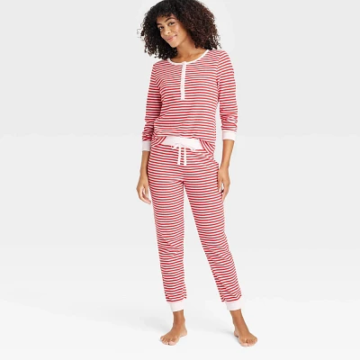 Women Striped Thermal Long Sleeve Henley Top and Jogger Pant Pajama Set