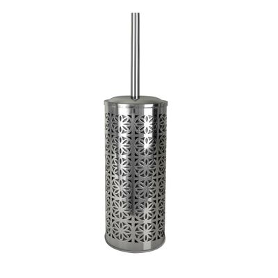 Laser Cut Chrome Toilet Brush Holder with Lid - Metallic Silver - Nu Steel