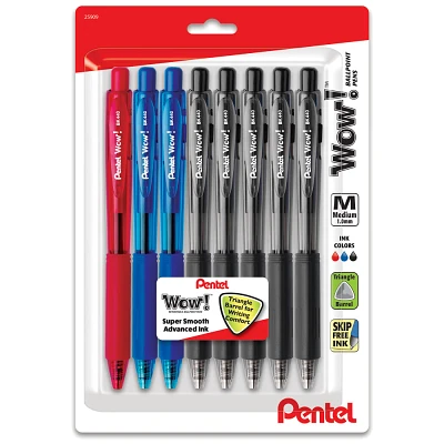 8ct Wow! Ballpoint Pens 1mm Black/Blue/Red - Pentel: Retractable Click Pens for Art & Office, 8 Pack