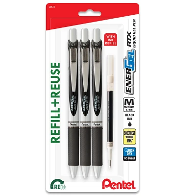 Pentel EnerGel 3pk Gel Pen Black ink with +1 refill: 0.7mm Quick Drying Retractable Pens & Refill, Office Stationery