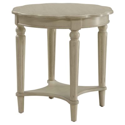 End Table Off White - Acme Furniture: Classic Round Accent, Turned Wood Legs, Bottom Shelf