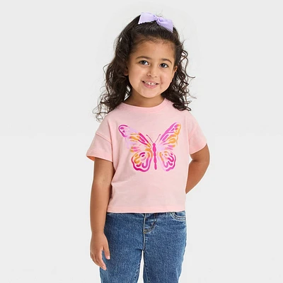 Toddler Girl Cropped Butterfly Printed Short Sleeve T-Shirt