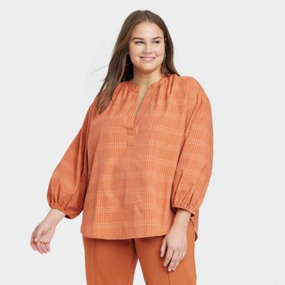 Womens Plus Size Long Sleeve Popover Top - A New Day Rust