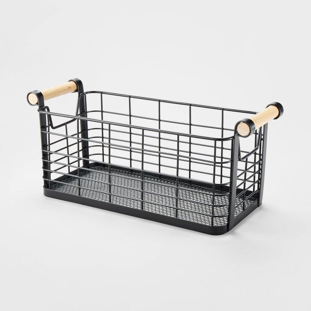 Brightroom  x 6 x 6 Small Rectangular Wire Natural Wood Handles Basket  Black - Brightroom | Connecticut Post Mall