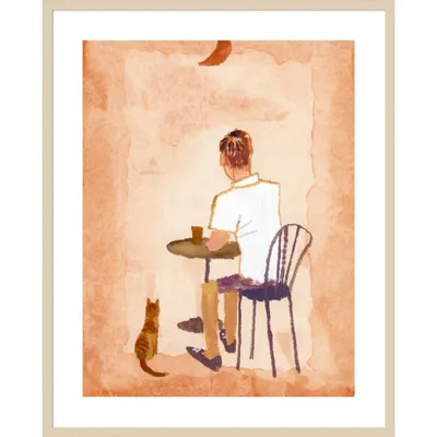 Drink Coffee at The Cafe While Watching Moon by Hiroyuki Izutsu Wood Framed Wall Art Print - Amanti Art: Lithograph, Modern Decor, Animal Subject