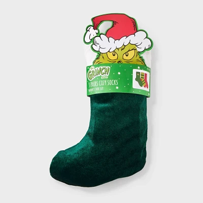 Women 3pk The Grinch Embroidered Cozy Crew Sock in Velvet Stocking - Green/Red 4-10