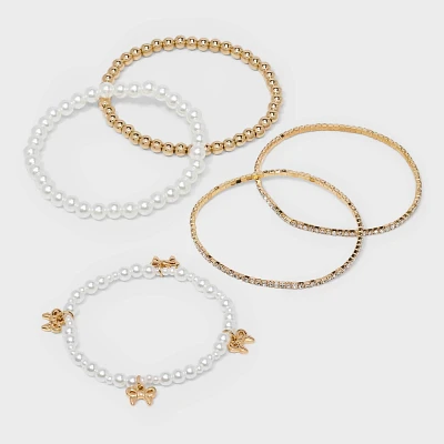 Beaded and Pearl Bow Charm Bracelet Set 5pc - Wild Fable Gold