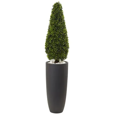 50 Boxwood Topiary with Gray Cylindrical Planter - Nearly Natural: UV Resistant, Indoor & Outdoor Decor