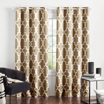 Set of 2 84x52 Ironwork Sateen Woven Room Darkening Window Curtain Panel Taupe - Exclusive Home: Geometric Pattern, Thermal Insulated, Grommet Top