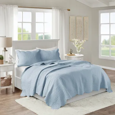 Madison Park 3pc Full/Queen Genoa Reversible Scalloped Edge Quilt Bedding Set Blue: Microfiber, Lightweight Fabric, Includes Shams