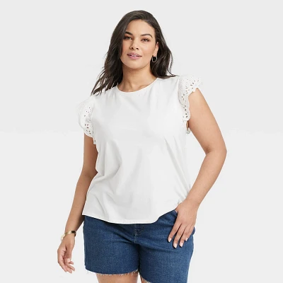 Women Eyelet Flutter Short Sleeve T-Shirt