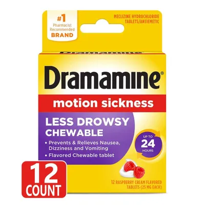 Dramamine All Day Less Drowsy Motion Sickness Relief Chewable Tablets - Raspberry Cream - 12ct