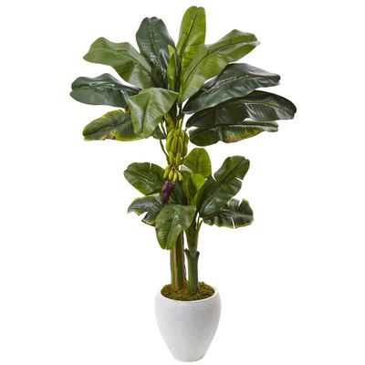 Nearly Natural 5ft Artificial Double Stalk Banana Tree in White Planter: Indoor Faux Plant Decor, No Assembly Required