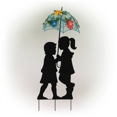 39 Iron Boy & Girl Silhouettes Holding Solar Lighted Umbrella - Alpine Corporation: Outdoor Human Figure Statues with AA Ni-Cd Battery