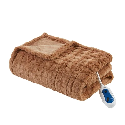 Beautyrest 50x70 Marselle Oversized Faux Fur Heated Throw Brown Texture