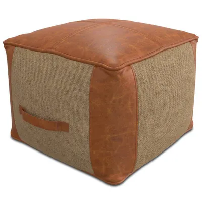 Castlebridge Pouf Tan - WyndenHall: Genuine Buffalo Leather, Hand-Woven Jute, No Assembly Required