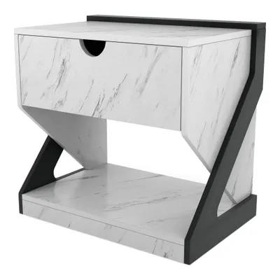 Galahad Modern Faux Marble Nightstand with Drawer White - miBasics: Smooth Finish, Storage Shelf, MDF & Particle Board