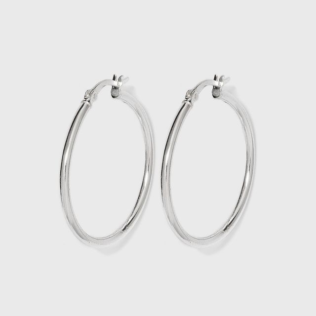 Women Sterling Silver Hoop Earring with Click Top - Silver (30mm)