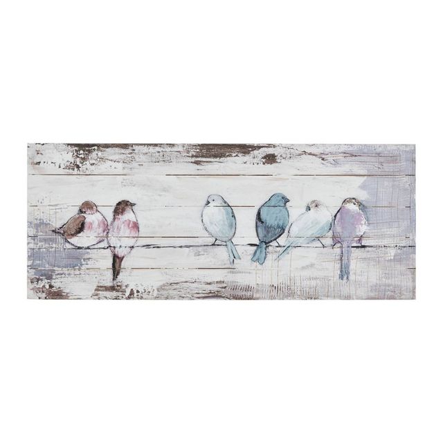 30 x 12 Perched Birds Hand Painted Wood Plank White/Gray