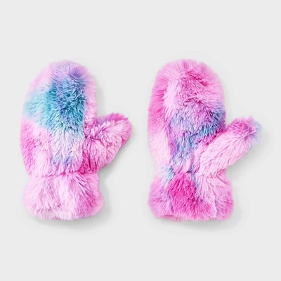 Girls Tie Dye Faux Fur Mittens - Cat & Jack Pink/Blue