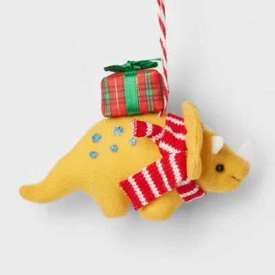 Fabric Triceratops with Present Christmas Tree Ornament Yellow - Wondershop: Dino Decoration