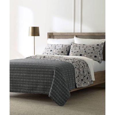 Blue Loom 3pc  Jafari Quilt Set Tan/Black: Cotton Non-Woven, Geometric Pattern, Includes 2 Shams