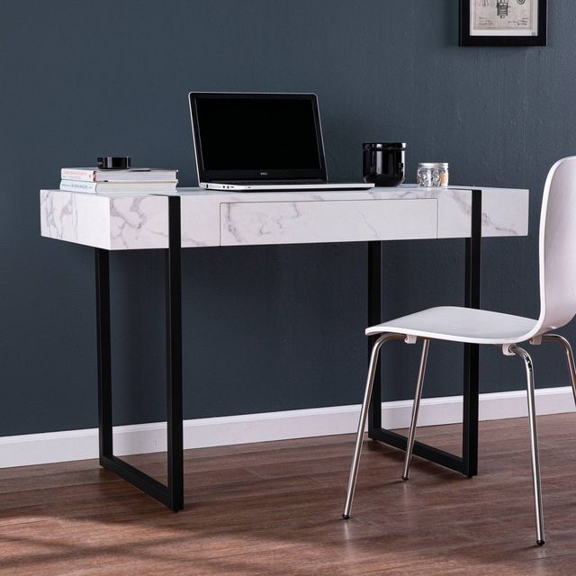 Wennan Modern Faux Marble Desk Black/White - Aiden Lane: Sturdy Iron Frame, Spacious Worktop